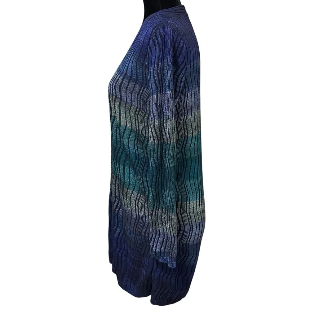 Chicos Blue Green Striped Open Front Cardigan Sweater Jacket Size 0